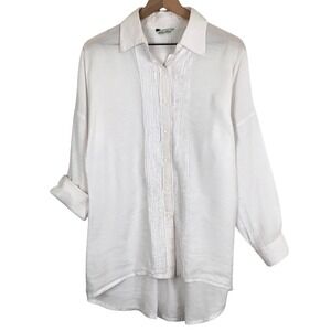 REDWOOD COURT Silk Pintuck Pleated Blouse Sz M/L White High Low Button Roll Tab